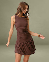 Brown Boat Neck Ruched Sleeveless Mini Dress