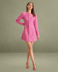 Women's Pink Single-breasted Tweed Mini Dress