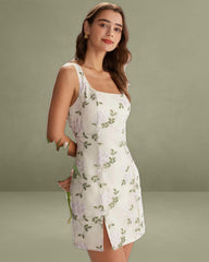 Beige Square Neck Embroidery Slit Slip Mini Dress