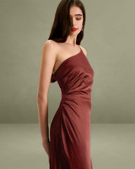 Red One-shoulder Satin Maxi Dress