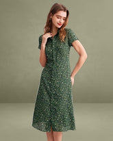 The Green Lapel Button Up Floral Midi Dress