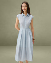 Blue Striped Cap Sleeve Midi Dress