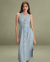 The Blue Lapel Plaid Sleeveless Shirt Midi Dress