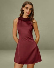 Wine Red Satin Cowl Neck Backless Mini Dress