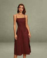 Wine Red Square Neck Shirred Slip Midi Dress