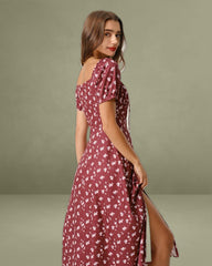 Wine Red Floral Square Neck Puffed Sleeve Midi Dress