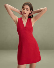 The Red V Neck Sleeveless Linen Mini Dress