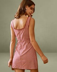 Red Plaid Square Neck Slip Mini Dress