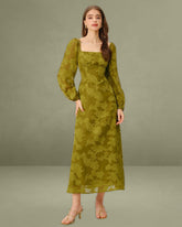 Green Floral Square Neck A-Line Maxi Dress