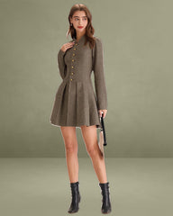 Brown Buttoned Pleated Mini Dress