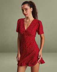 The Red V Neck Polka Dot Flounce Mini Dress