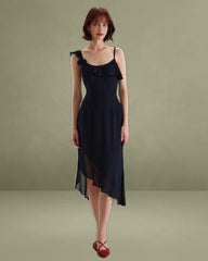 Blue Chiffon Ruffle Slip Midi Dress