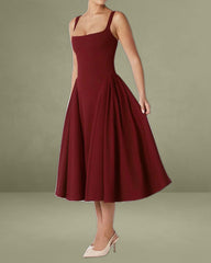 Red Square Neck A-Line Slip Midi Dress