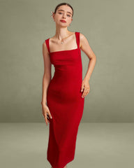 The Red Square Neck Ribbed Midi Dress