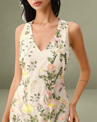 Yellow V Neck Floral Sleeveless Mini Dress