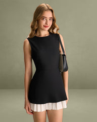 Women's Black Spliced Pleated Mini Dress