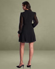 The Black Stand Collar Sheer Slit Mini Dress