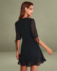 The Black Deep V Neck Polka Dot Mini Dress