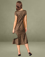 Brown Jacquard A-Line Midi Dress