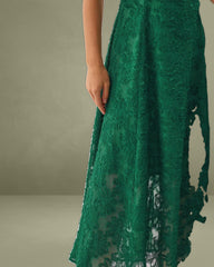 Green Floral Shirred Slip Midi Dress