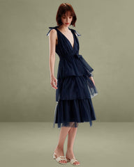 Navy Tiered Backless Floor-Length Dress