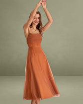 Caramel Mesh Flowy Slip Midi Dress