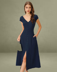 Navy Cap Sleeve A-Line Midi Dress