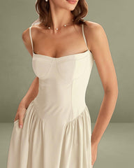 Beige Square Neck Pocket Slip Midi Dress