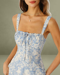 Blue Floral Ruched Slip Midi Dress