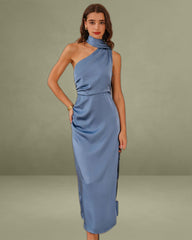 Blue One-Shoulder A-Line Satin Maxi Dress