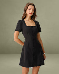 Black Square Neck Button Mini Dress