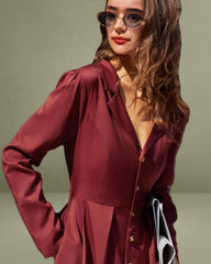 Wine Red Ruched A-Line Midi Dress