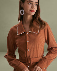 Caramel Belted A-Line Midi Dress