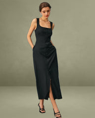 The Black U Neck Tie Back Sleeveless Maxi Dress