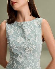 Women's Green Boat Neck Jacquard Mini Dress