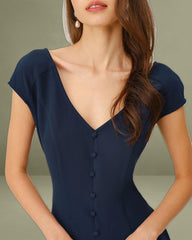 Navy Cap Sleeve A-Line Midi Dress