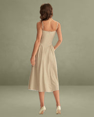 Khaki Square Neck Pocket Slip Midi Dress