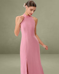 Pink Mock Neck Backless Maxi Dress