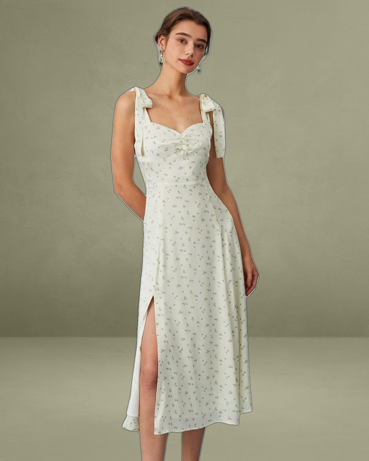 The Light Green Satin Floral Tie Strap Slit Midi Dress