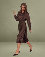 Coffee Ruched Button Mid-length Dress