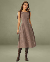 Brown Plaid Boat Neck A-Line Midi Dress