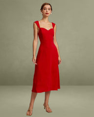 The Red Sweetheart Neck Cap Sleeve Midi Dress