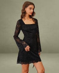 Black Lace Bell Sleeve A-Line Mini Dress