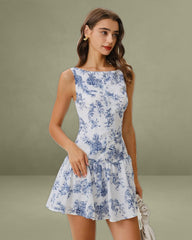 Blue Floral Boat Neck Sleeveless Mini Dress