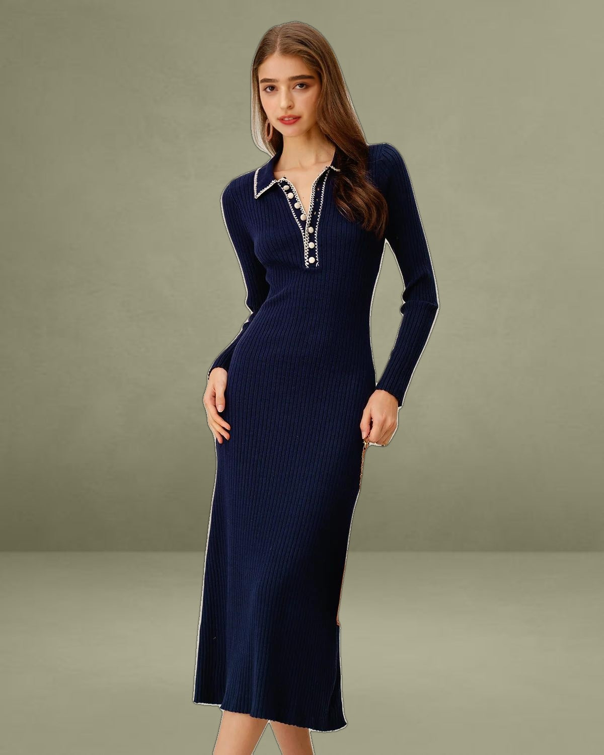 Blue Contrasting Button Sweater Dress