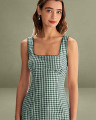 Green Plaid Square Neck Mini Slip Dress