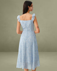 Blue Square Neck Ruffle Midi Dress