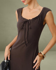 Brown Boat Neck Cap Sleeve Midi Dress