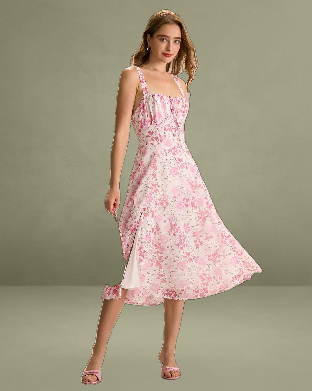 The Pink Square Neck Floral Ruched Midi Dress