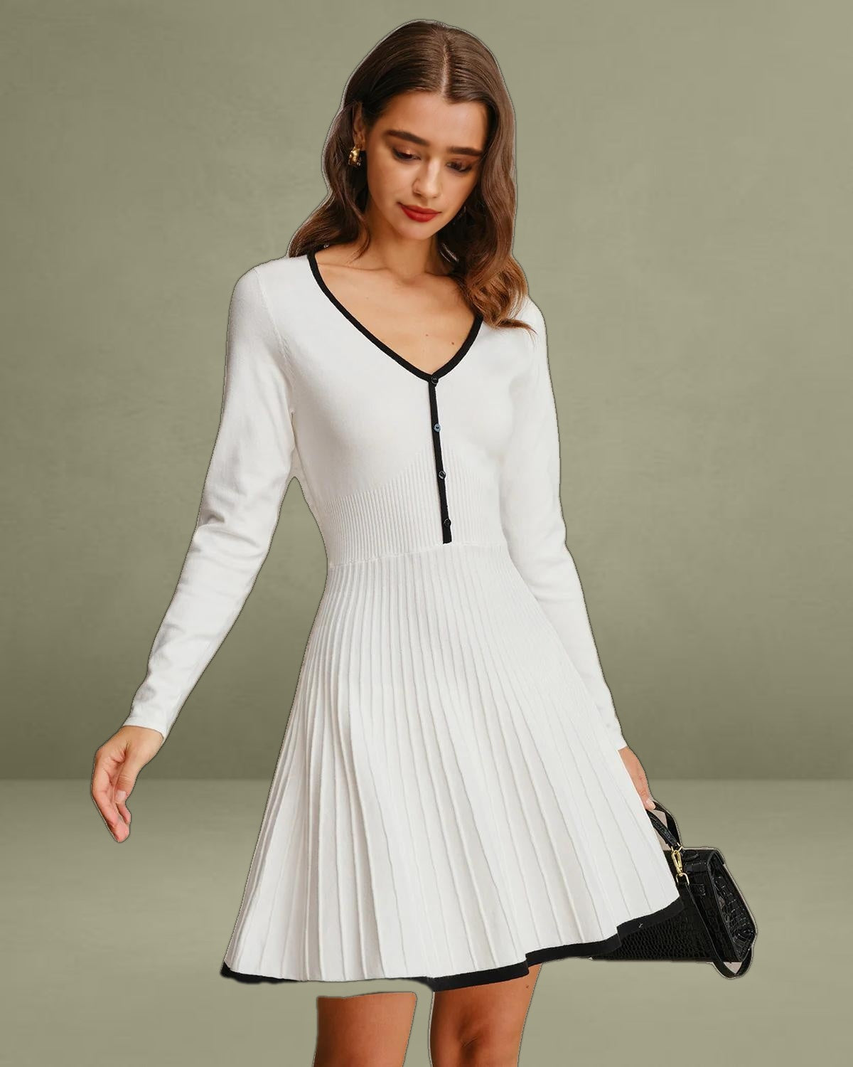 White Contrasting A-Line Sweater Dress